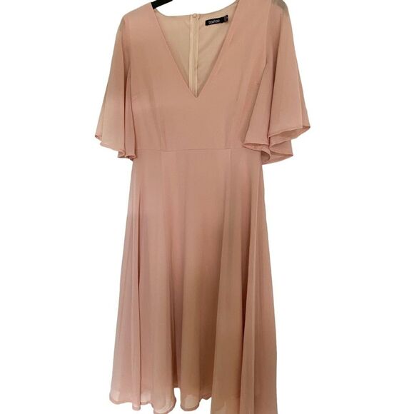 Boohoo Light Pink Flutter Sleeve V-Neck Midi Dress, Wedding Guest, Size 6 - Picture 12 of 13